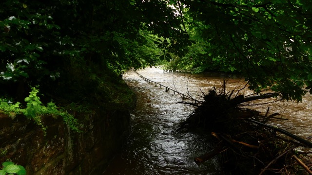 The railings just after the Roseburn Viaduct entirely submerged